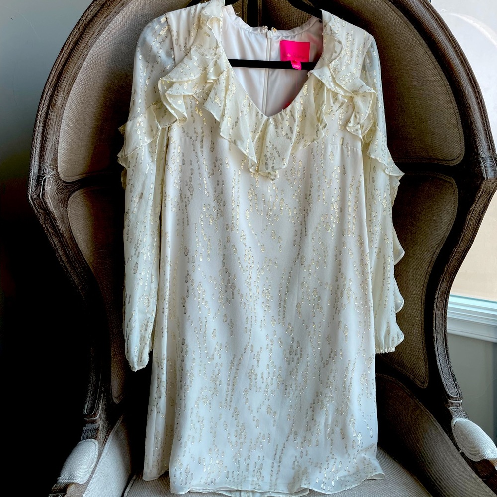 Lilly Pulitzer ruffle dress white/ gold shimmer.